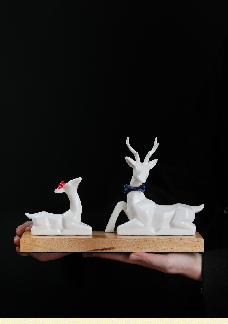东方泥土简约现代手工陶瓷鹿摆件一对一路有你卧室夜灯办公室装饰h091