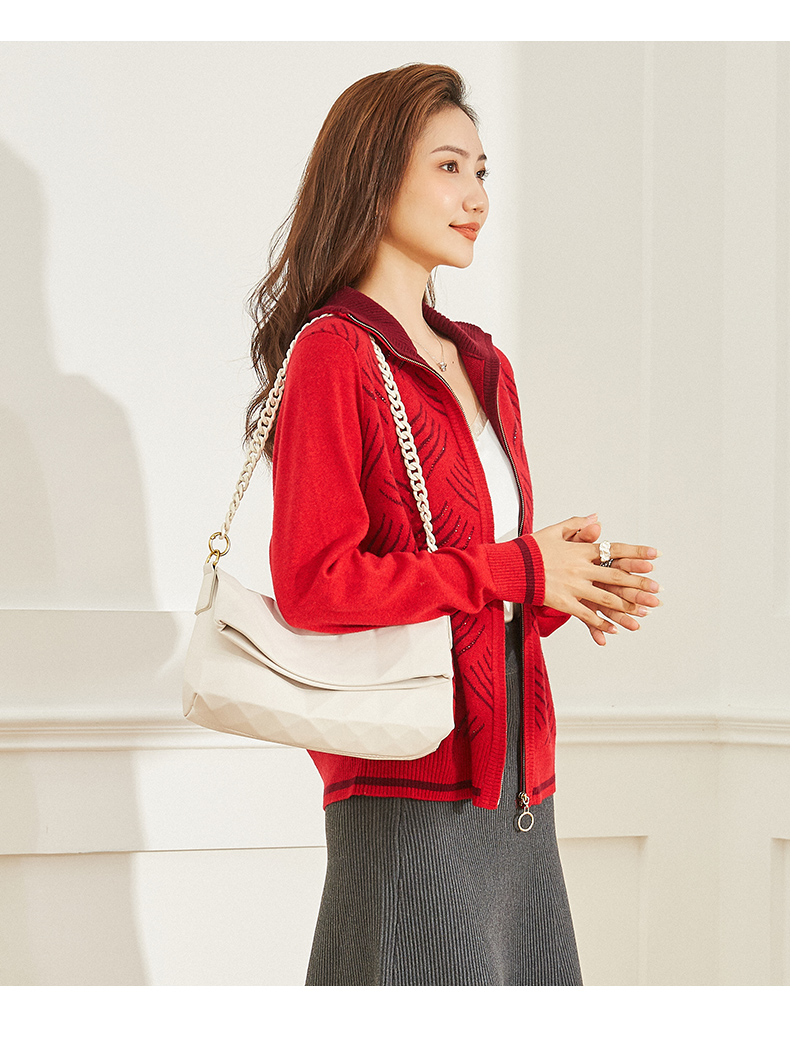 2021春竹秋冬季v领羊毛衫女开衫拉链加厚新款宽松保暖针织毛衣花红m95