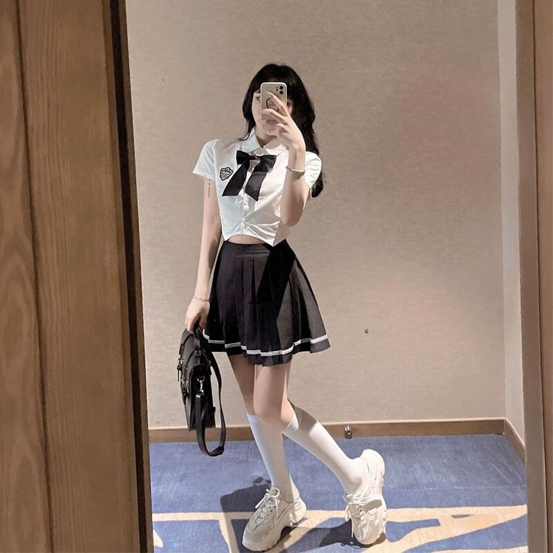 纯欲美少女jk套装女2022夏季蝴蝶结短款t恤高腰百褶半身裙两件套白衣