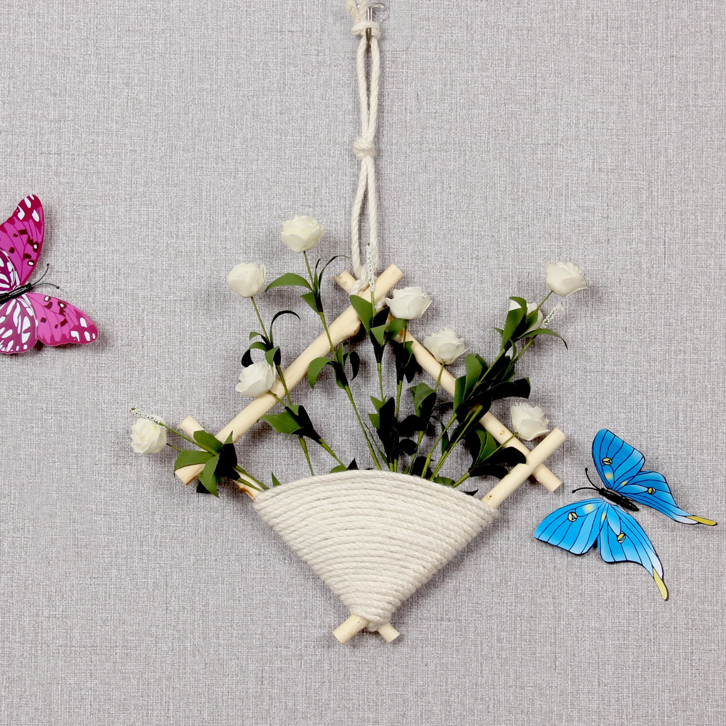 装饰花篮吊篮挂饰墙上装饰壁挂小装饰品摆件仿真花麻绳壁饰 原色白
