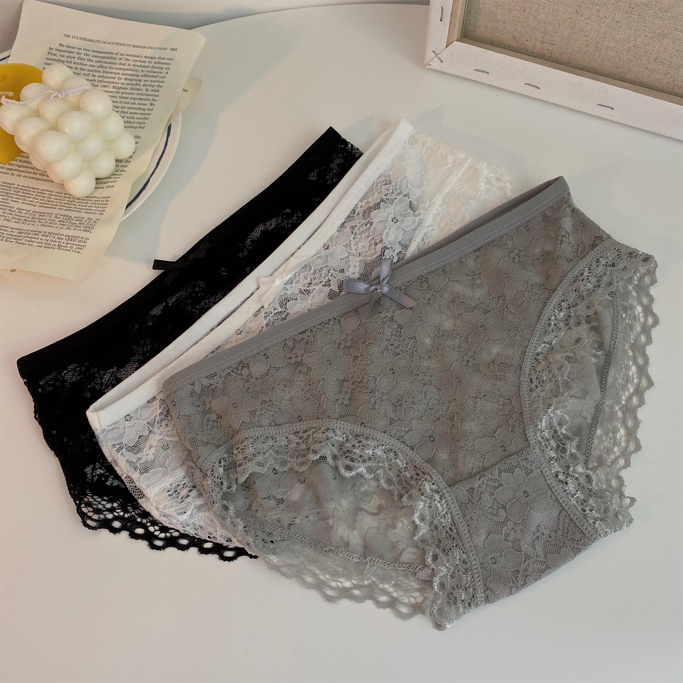 性感蕾丝内裤女夏季2020新款冰丝无痕网纱薄款透气三角底裤3条装 黑白