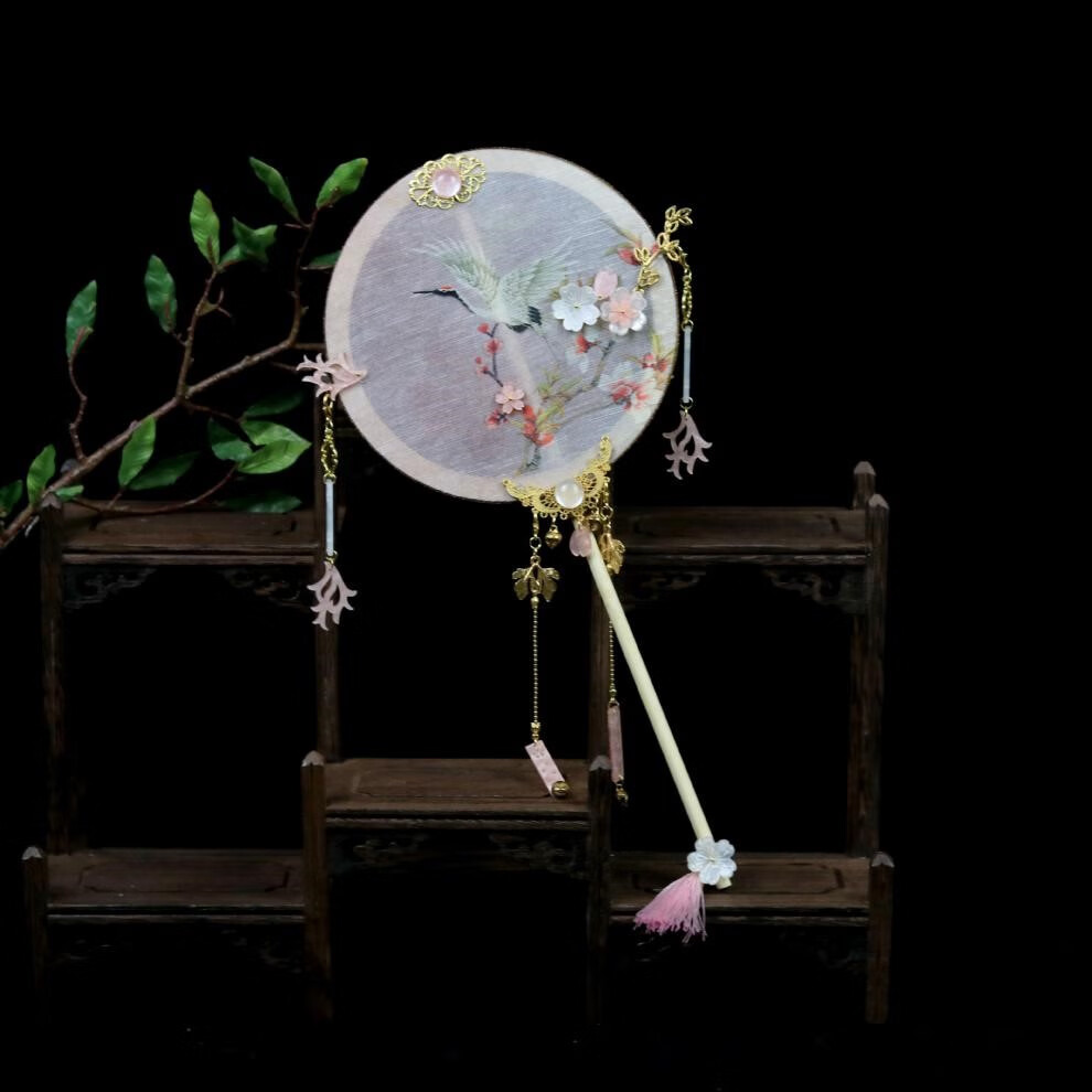 同款团扇汉服古装长柄流苏长柄刺绣飘带宫扇古风饰品复古团扇宫廷舞蹈