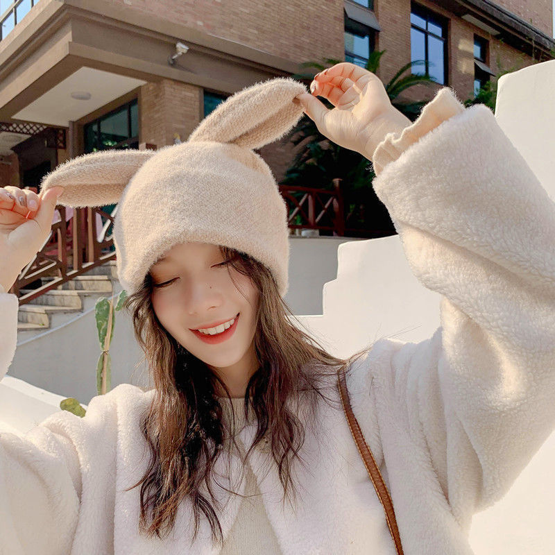 毛线帽女冬保暖学生韩版百搭加绒大头围针织帽 兔耳朵-白色【图片
