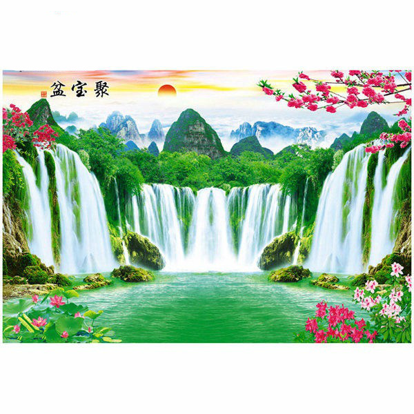 壁画贴纸聚宝盆山水画瀑布风景装饰画办公室风水壁画客厅海报纸画q