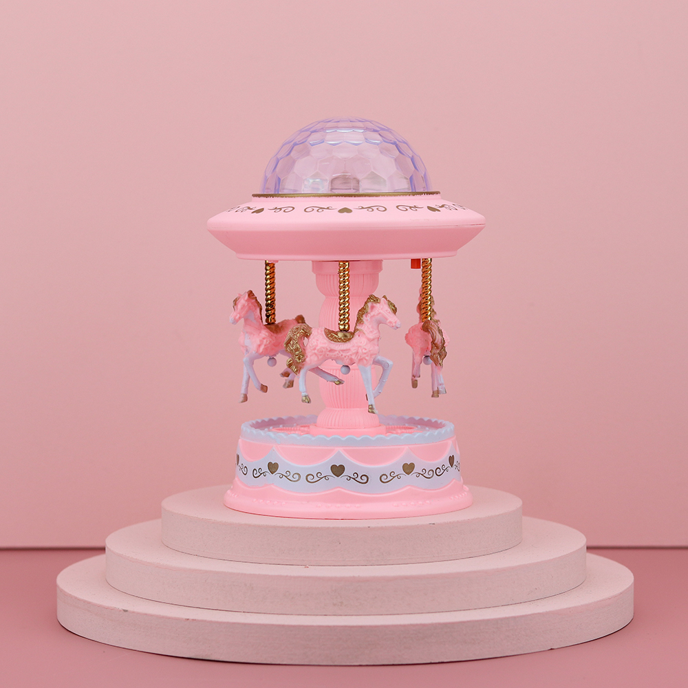 创意实用旋转木马八音乐盒儿童节礼物粉色带灯款粉色精包装礼袋贺卡