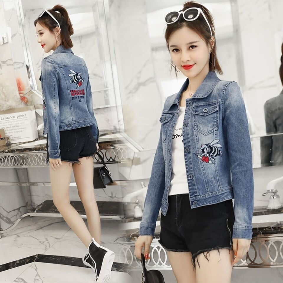 春夏季牛仔外套女韩版短款学生显瘦百搭上衣小清新刺绣牛仔服复古蓝