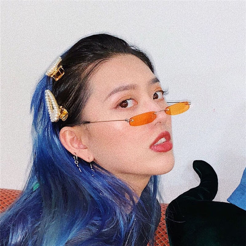 超小装饰港风小款眼镜女长方形极轻无框太阳镜个性拍照女款墨镜紫色