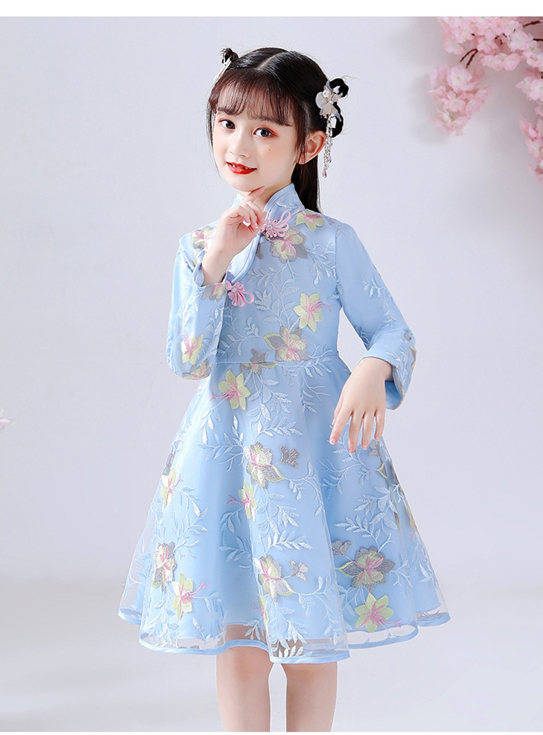 加绒刺绣唐装复古风仙气宝宝小女孩子表演出服网红裙子 蓝色(不加绒)
