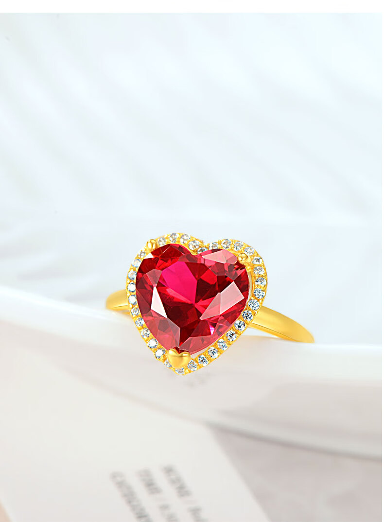 老凤凰999黄金戒指女款足金红宝石戒指活开口心形生日礼物送女友伊友