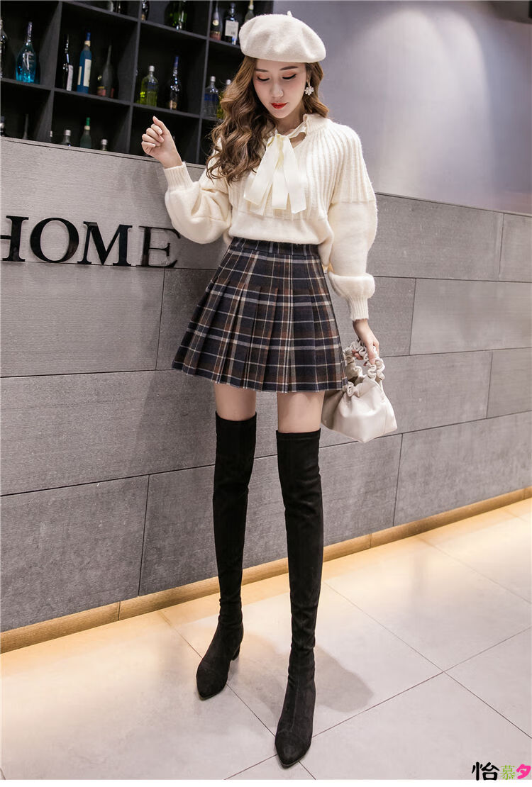 怡慕夕秋冬新款格子时尚百褶裙短裙半身裙防走光安全配大衣半裙冬天配