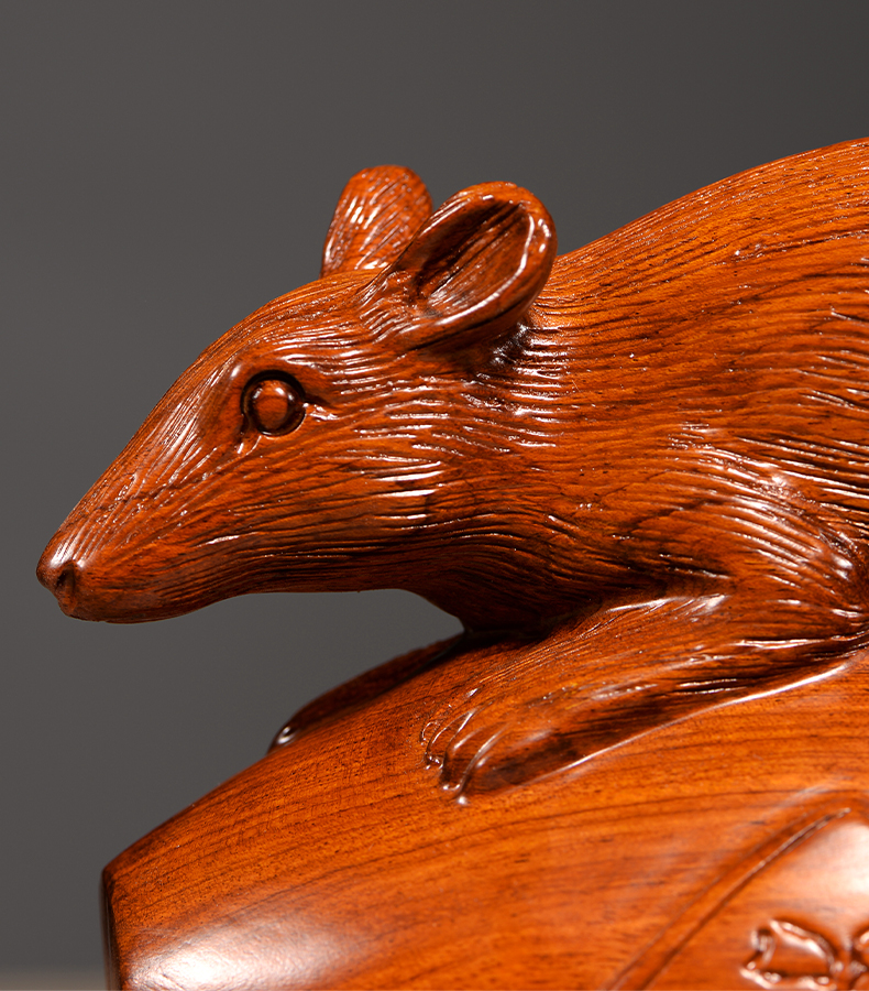 曹堂花梨木雕刻老鼠摆件实木质客厅工艺品装饰红木风水十二生肖鼠可爱