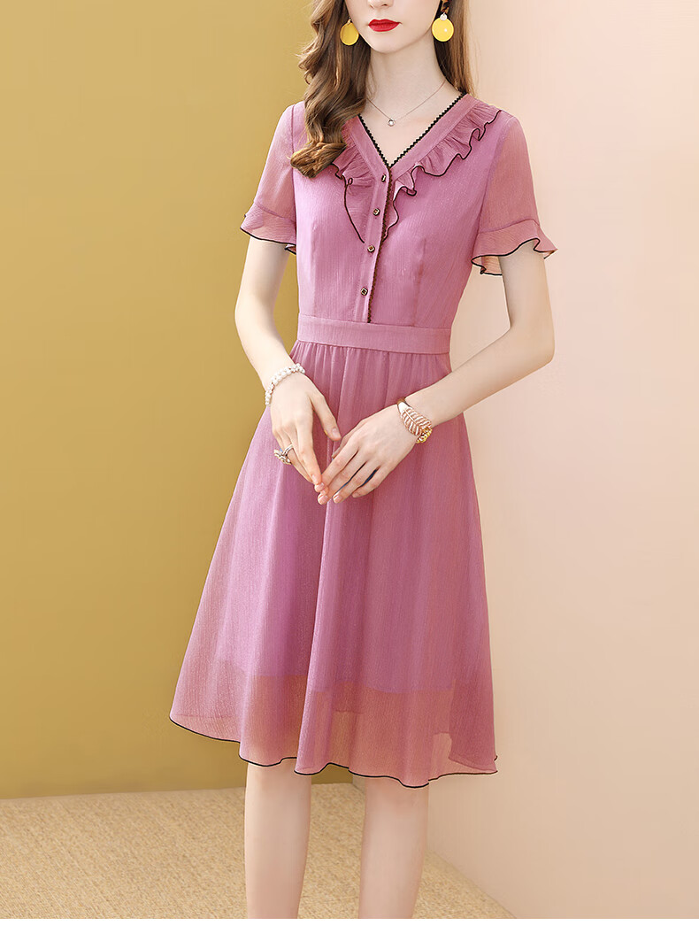 诗绪粉色拼接雪纺连衣裙女夏装2020年新款时尚v领净色a字裙52530 粉色