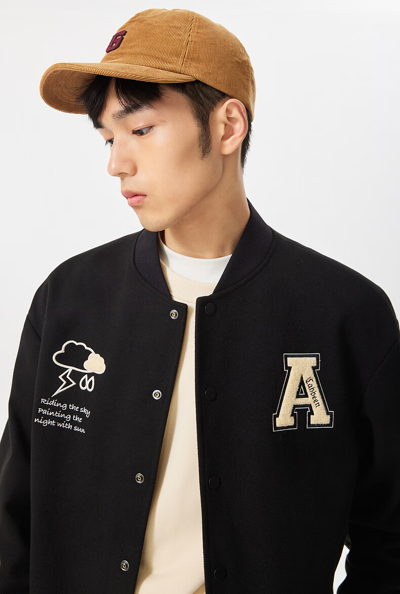 Cabbeen [Thickened Brushed Fabric] Men's Towel Embroidered Baseball Jacket Loose Fit American Street Style Coat 3