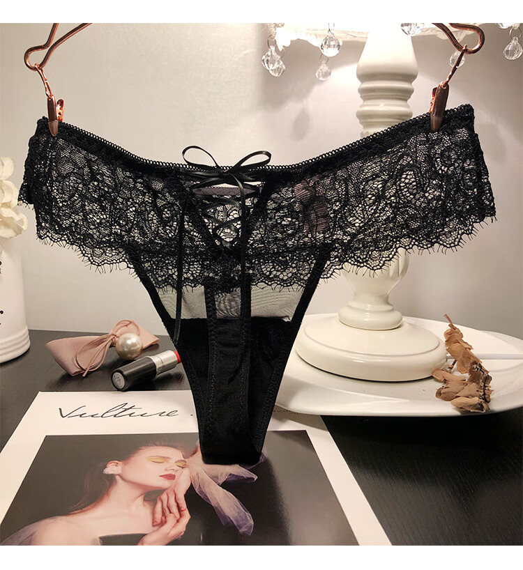 密语私物欧美性感丁字内裤女蕾丝系带装饰低腰透明t字裤色 黑色 d608