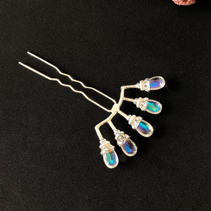 冠套装珍珠排钗排簪珠钗发钗簪子明制古装配饰银色五珠水滴一对合金排