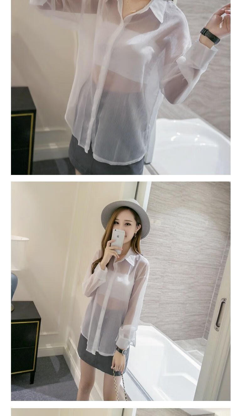 柏漫丝 春款雪纺欧根纱透明衬衫女长袖透视性感衬衣薄上衣 513白色 l