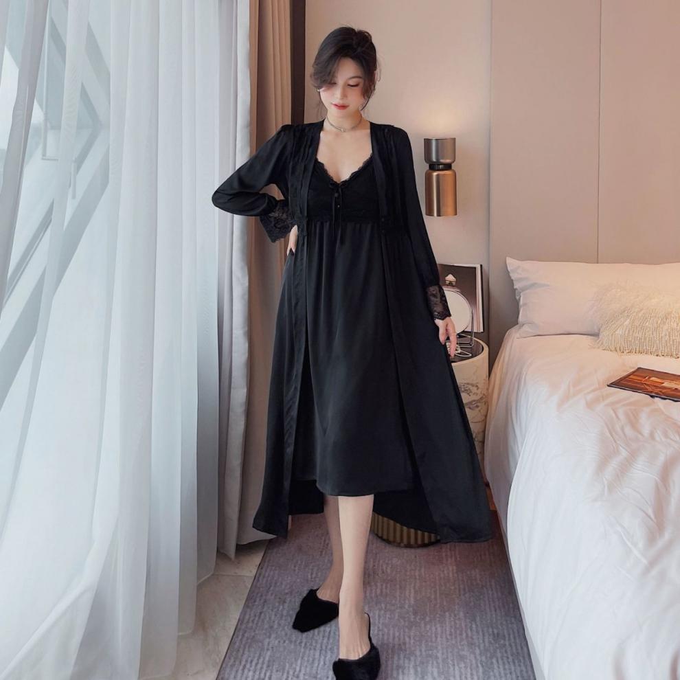 睡衣女春秋性感蕾丝冰丝吊带裙纯欲风蕾丝夏季睡裙黑色单吊带2204l120