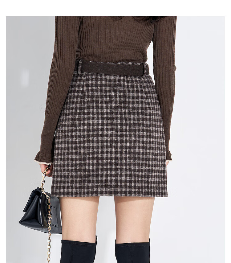曼娅奴格子半身裙女秋装小众新款设计感小众a字型大气有口袋短裙 咖啡