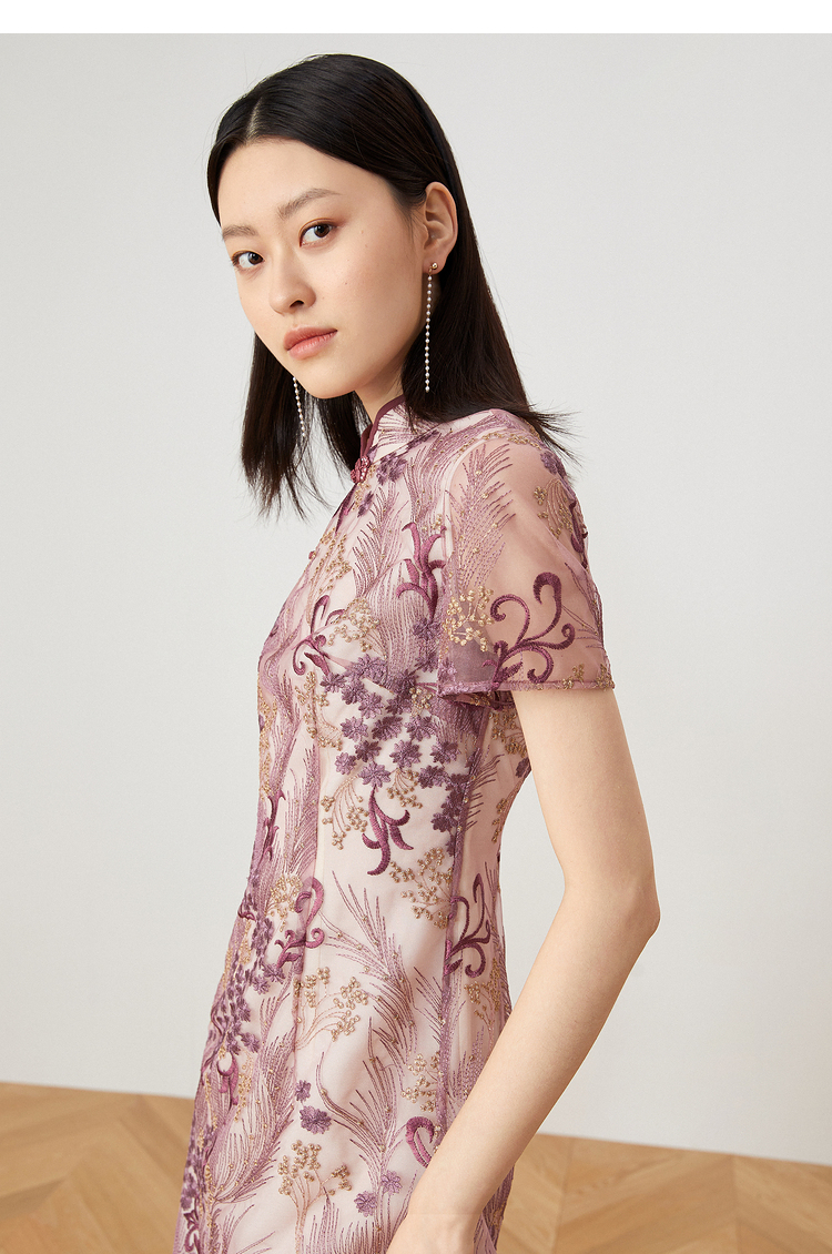 yiner音儿女装2021夏季新款蕾丝绣花收腰修身中长款连衣裙 紫色 40