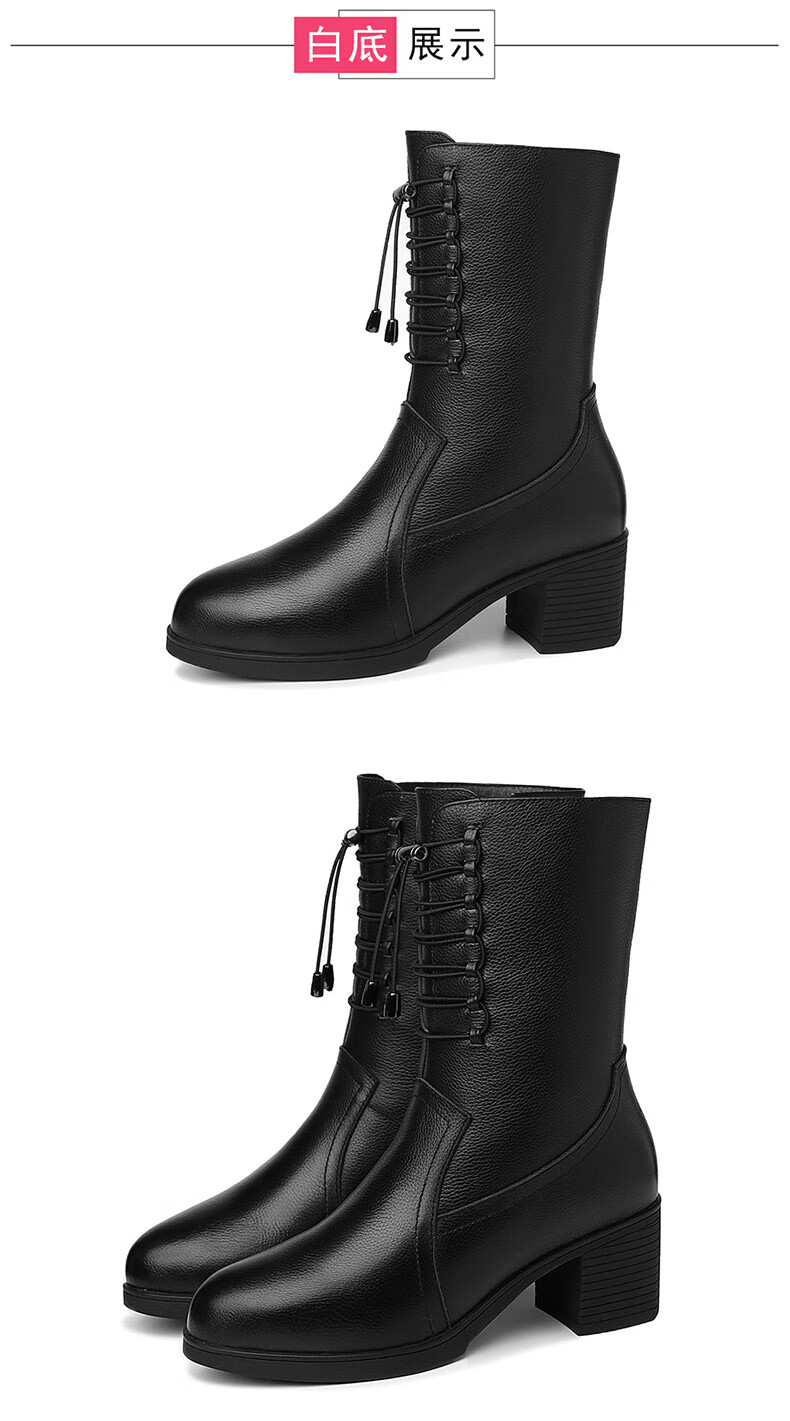 女士鞋皮鞋半高筒棕色中筒靴靴子2022年妈妈短靴半桶小个子显高粗跟女