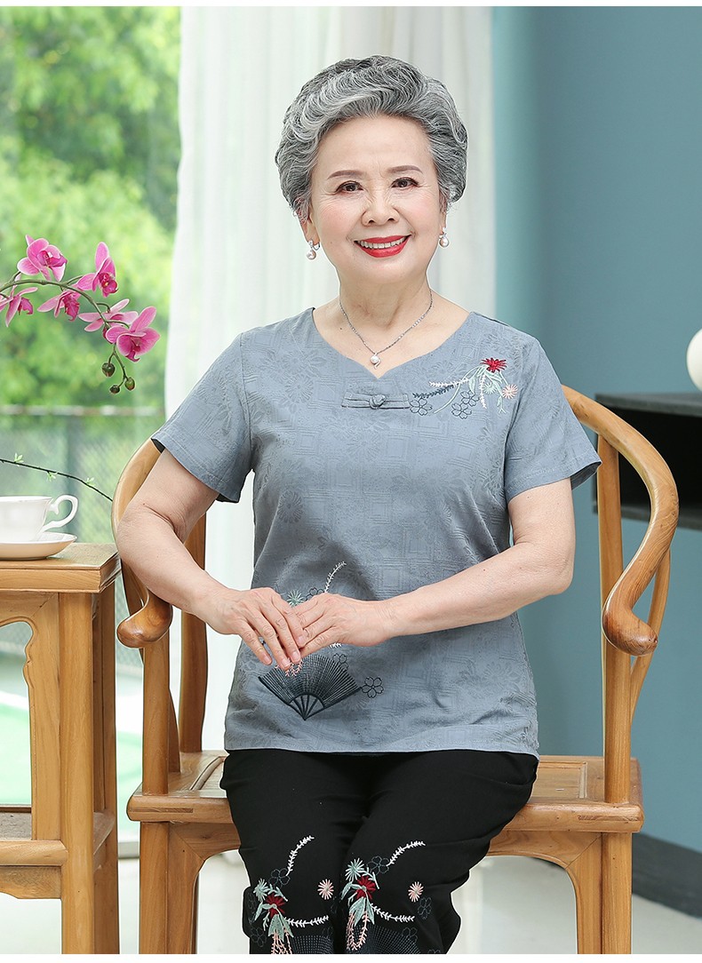 荨积老年人棉麻套装女奶奶装夏装短袖t恤老太太妈妈装两件套老人衣服