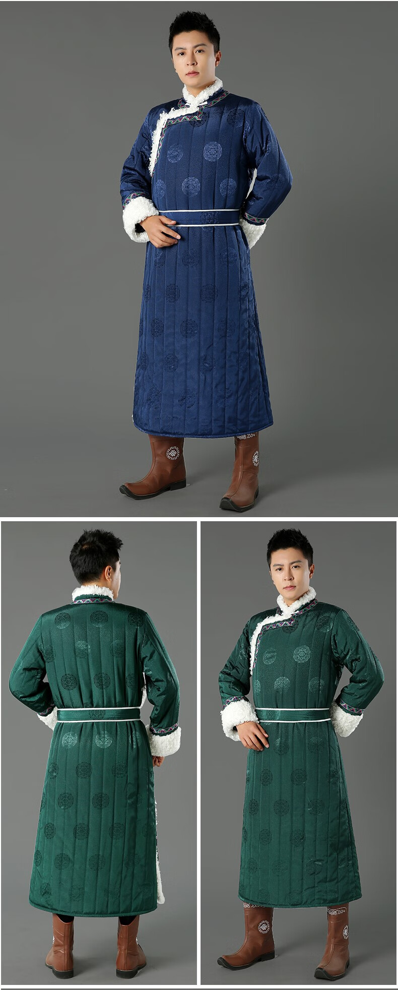 秋冬蒙古服装男羽绒棉服羊羔毛蒙古袍日常生活装蒙古元素棉衣外套 墨