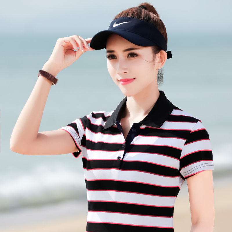 短袖t恤女夏季打底上衣短袖t恤女翻领棉韩版宽松显瘦运动有带领条纹