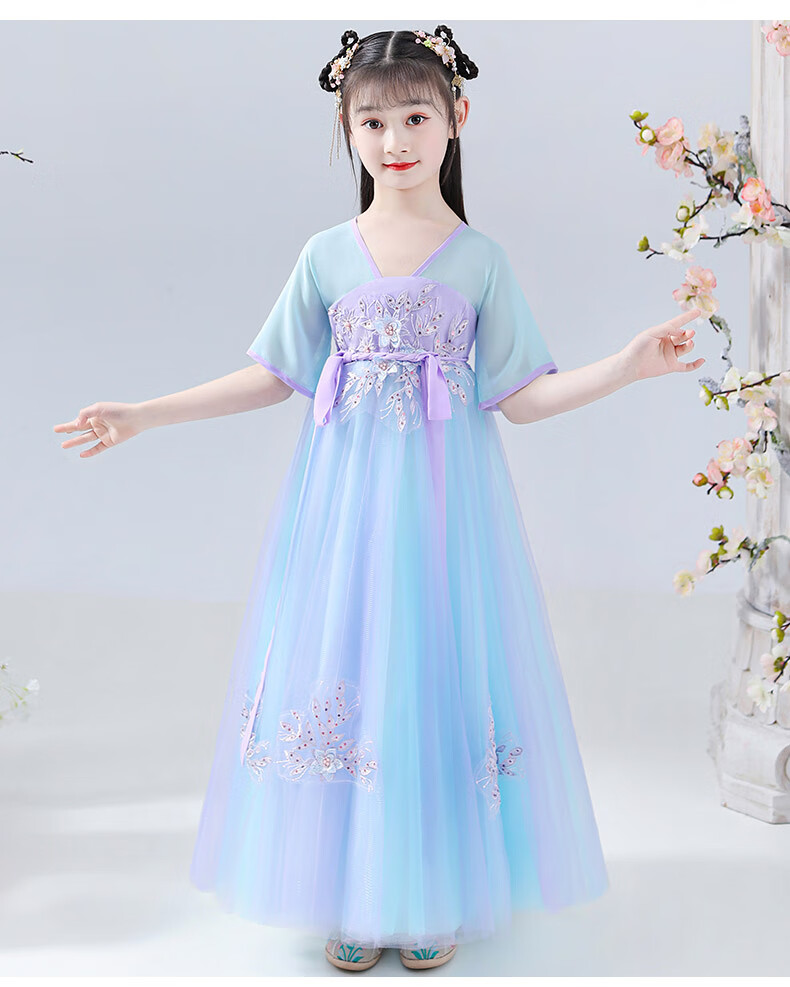 汉服女童古风连衣裙长袖礼服女童汉服裙子中国风唐装儿童古装连衣裙小