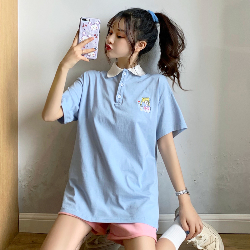 珂米婕翻领t恤女宽松韩版学生微胖女孩高中生初中生女生短袖夏天穿的