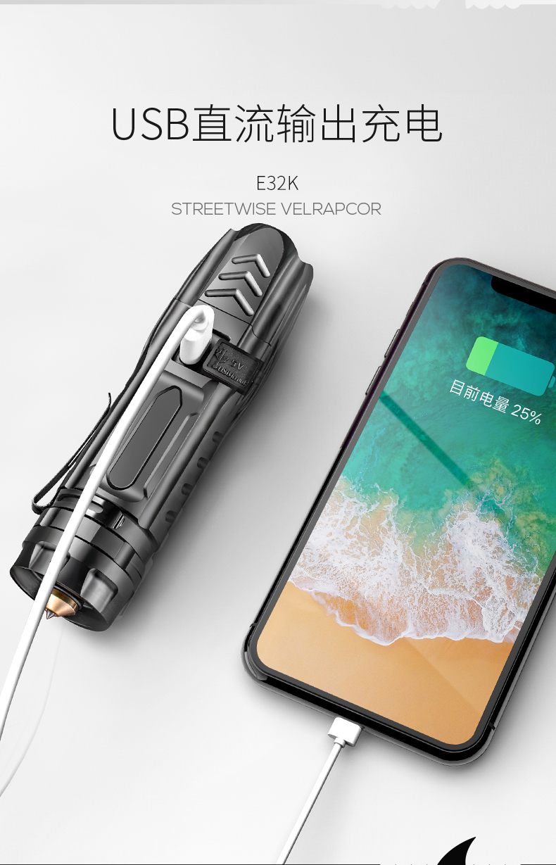 车载多功能手电筒微笑鲨p90强光手电筒户外充电超亮远射变焦超长续航