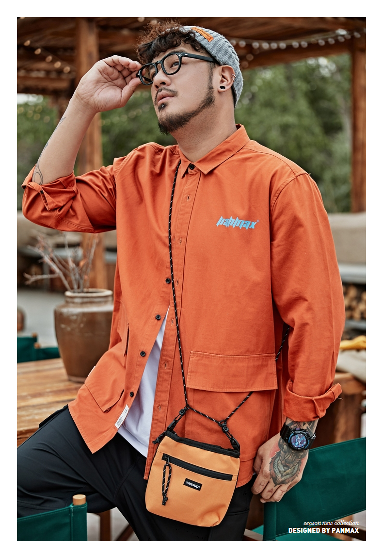 panmax潮牌男装橘色工装贴袋肥佬大码字母印花衬衣男士长袖衬衫 橘色