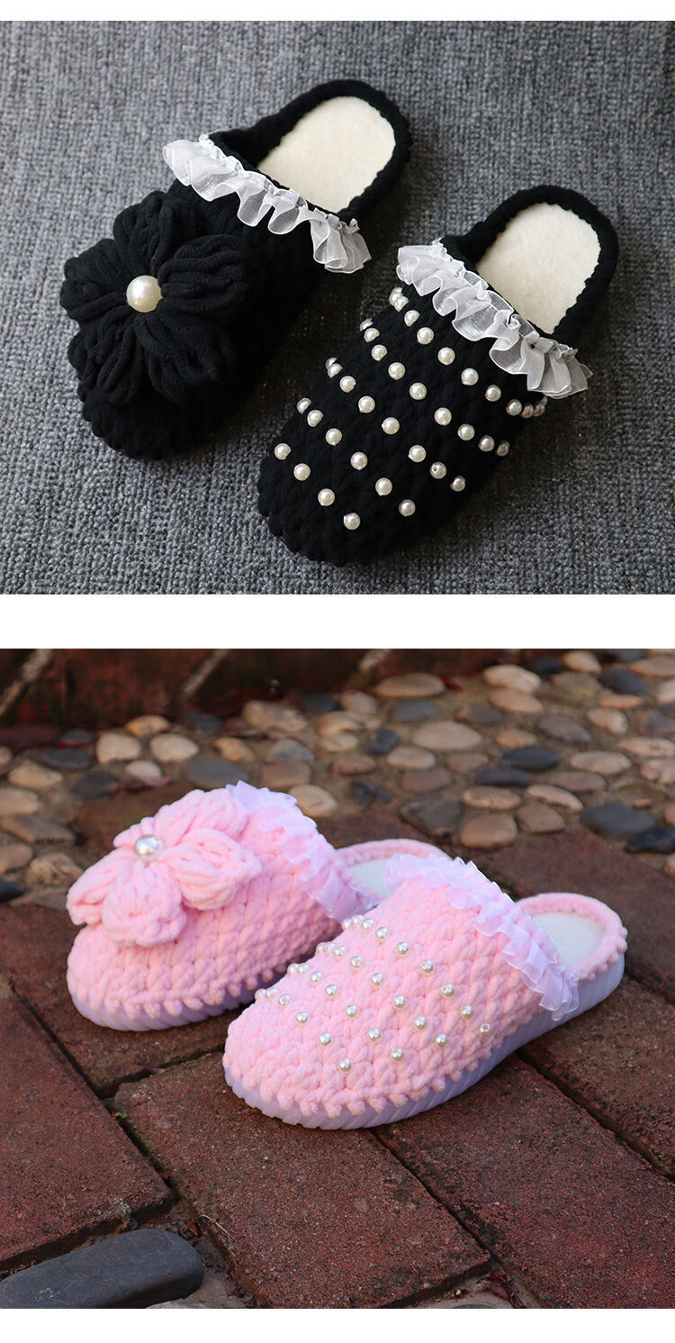 手工编织拖鞋材料包泡芙花棉拖鞋自制手织毛线泡芙花拖鞋居家鞋白色