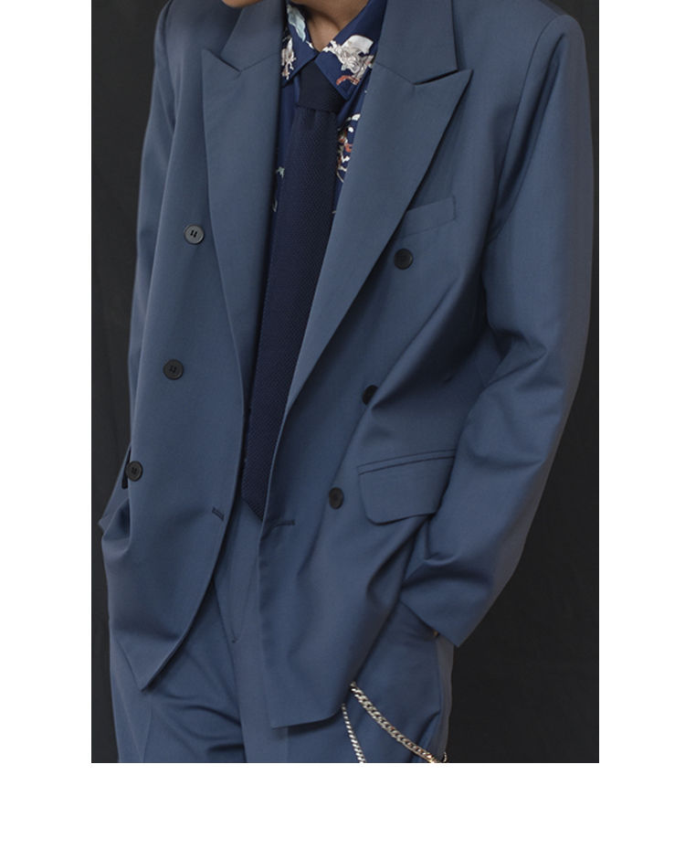 休闲炸街外套范自留懒人套装潮流垂坠西装男雅痞西服港风 雾霾蓝 m