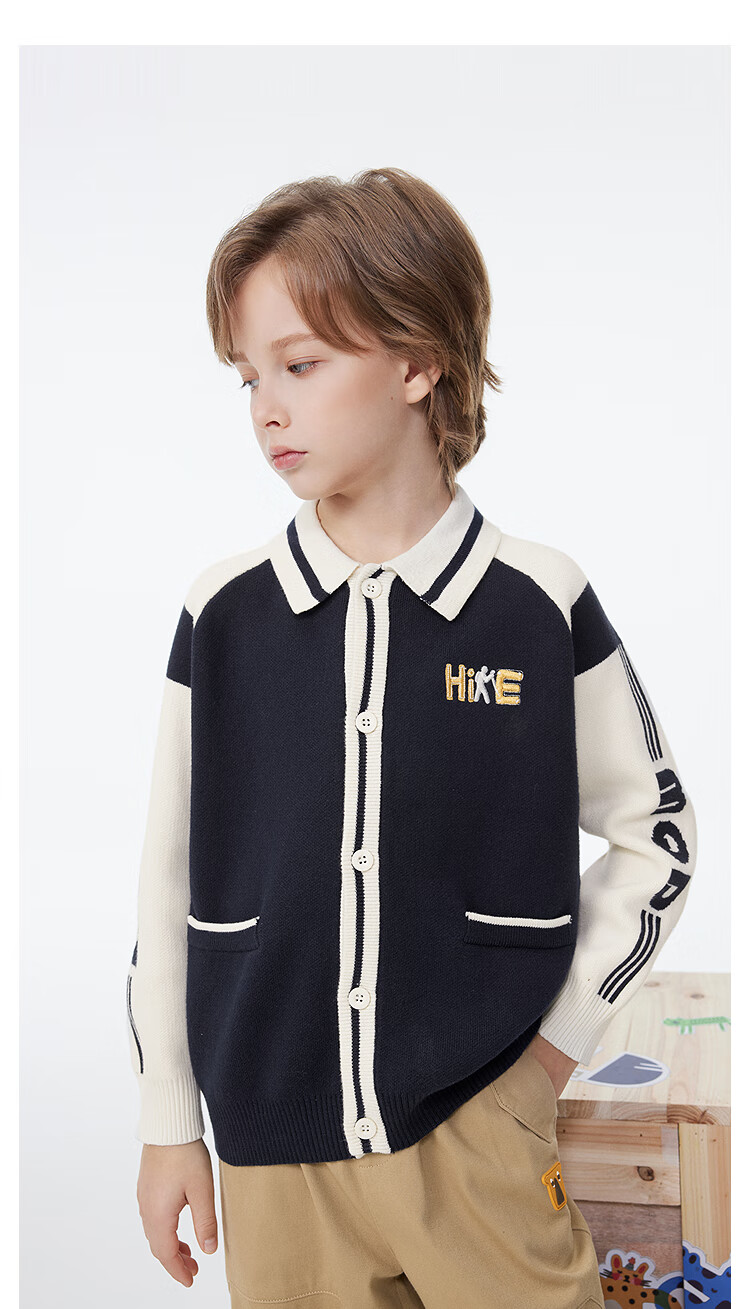 MQD Boys' Sweater, Spring And Autumn Style, Turn-Down Collar, Preppy Style, Children's Knitted Cardigan, Navy Blue, Size 110 11