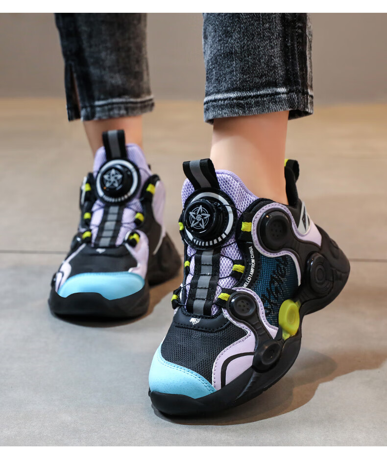 中学生运动鞋冬季皮面女旋转纽扣鞋高帮老爹鞋秋冬初中大童运动鞋