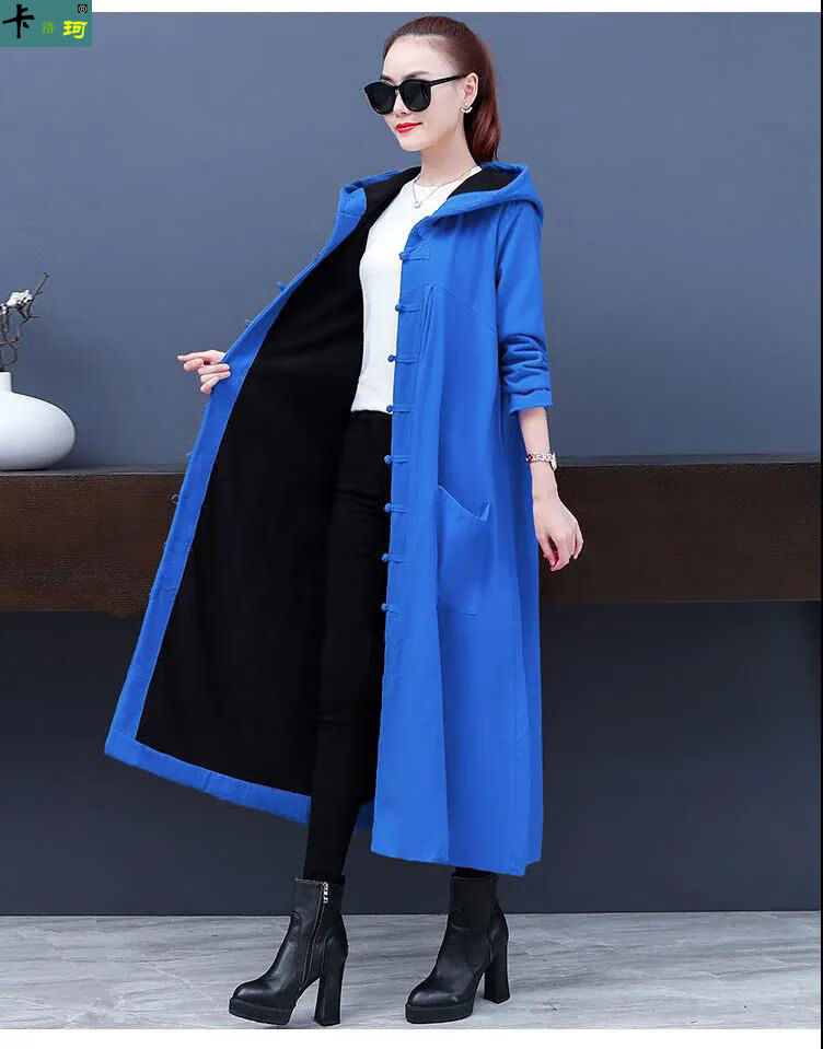 卡洛珂复古民族风女式风衣外套秋冬季长款加绒加厚盘扣风衣少女感