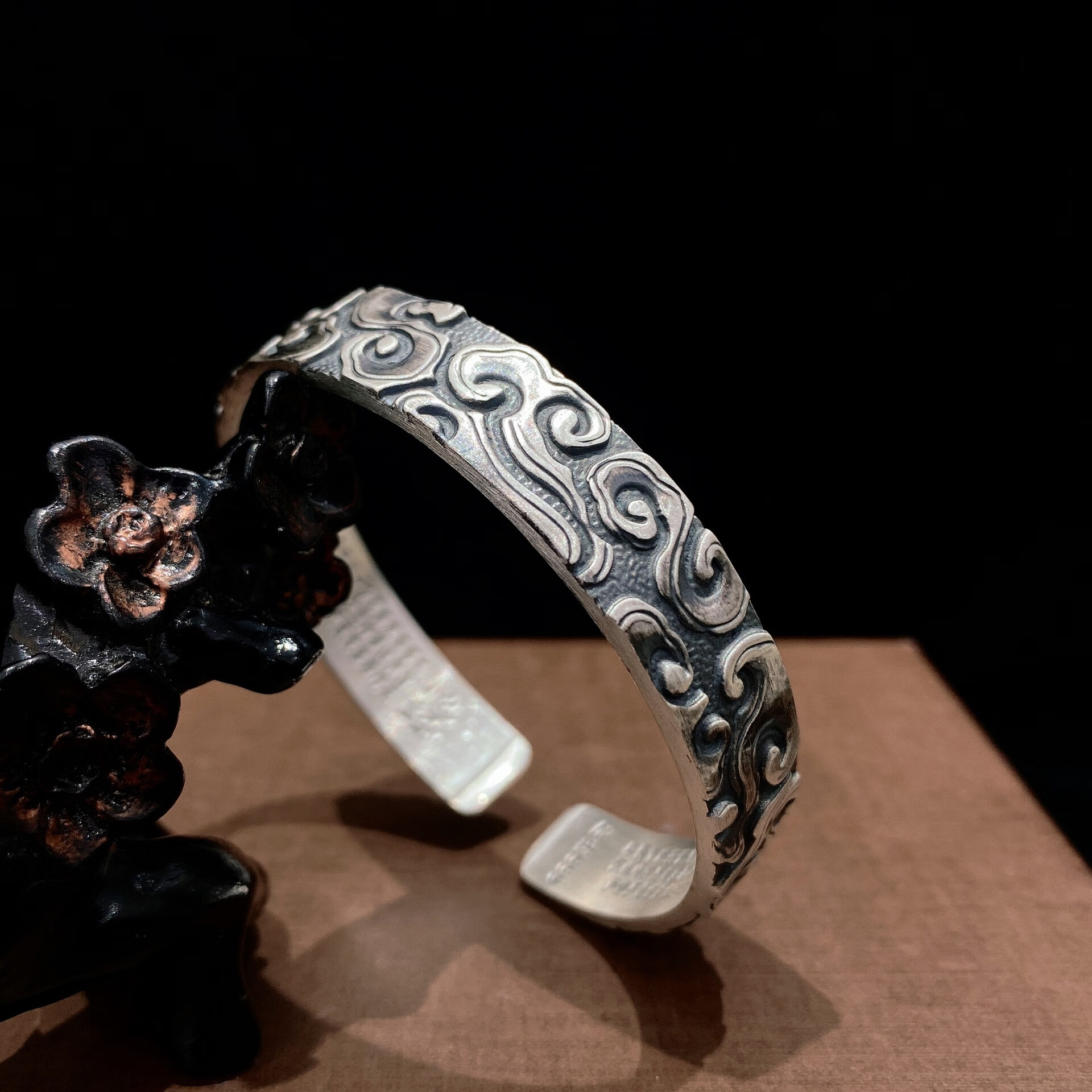 手镯男s999银手工篆刻浮雕祥云心经手镯男款潮牌复古泰银银饰镯子足银