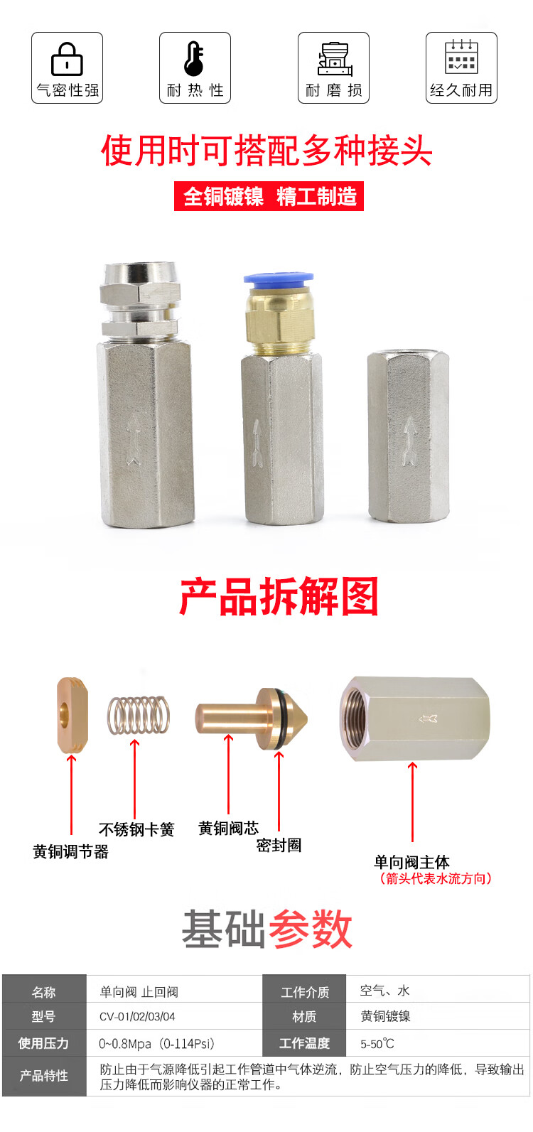 气动单向阀逆止阀止回阀空气泵控制阀直通气管快速接头气体单项阀单向