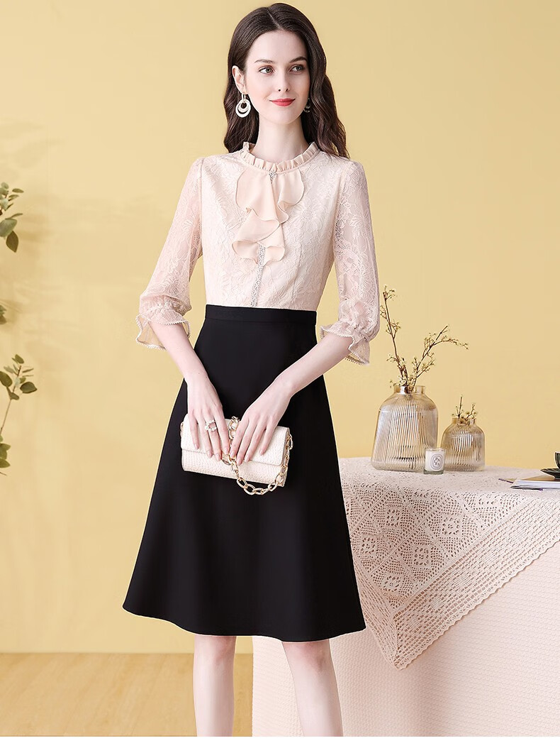 法莎尼亚轻奢品牌法式复古蕾丝连衣裙女装2022夏季新款时尚拼接中长款