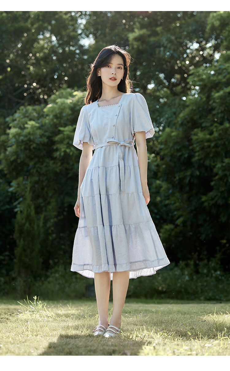 INMAN Summer French Waist-Cinching Jacquard Texture Women's Square Neck Dress, Artistic Style Puff Sleeve Dress, Blue, Size L 17