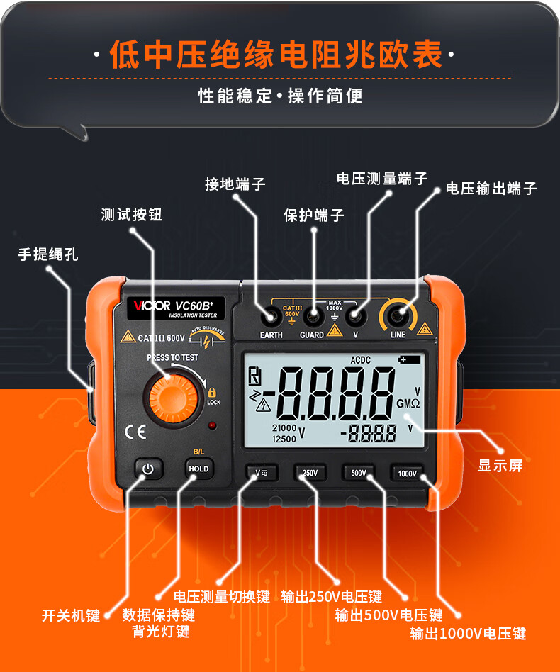 绝缘电阻测试仪数字兆欧表500v1000智能检测仪电工摇表 vc60b  250