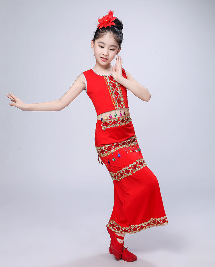 央紫傣族儿童服装儿童傣族舞蹈服孔雀舞演出服女童筒裙少儿云南鱼尾裙