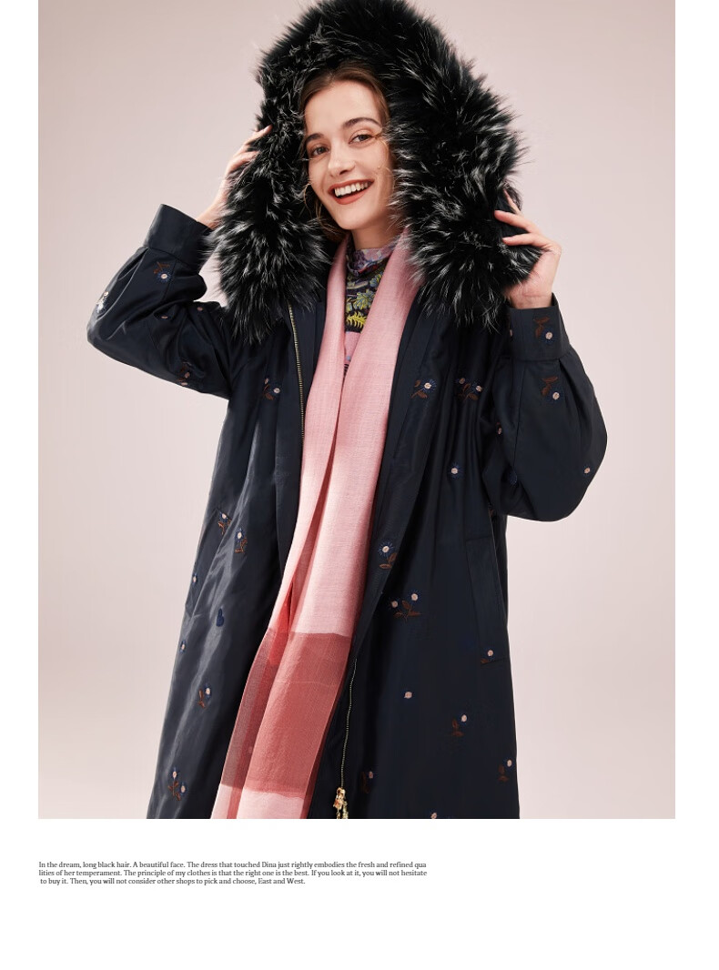 商场同款沐兰冬季新款刺绣连帽毛领棉衣外套女士中长款棉服 克兰花 48