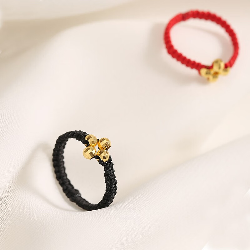 老凤凰老凤凰黄金四叶草戒指女足金本命年小金珠手工编织指环潮 生日