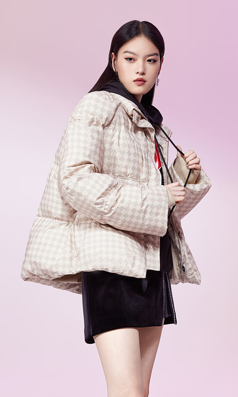 ochirly欧时力羽绒服女2022新款秋冬立领两穿棋盘格时尚保暖外套 绿色