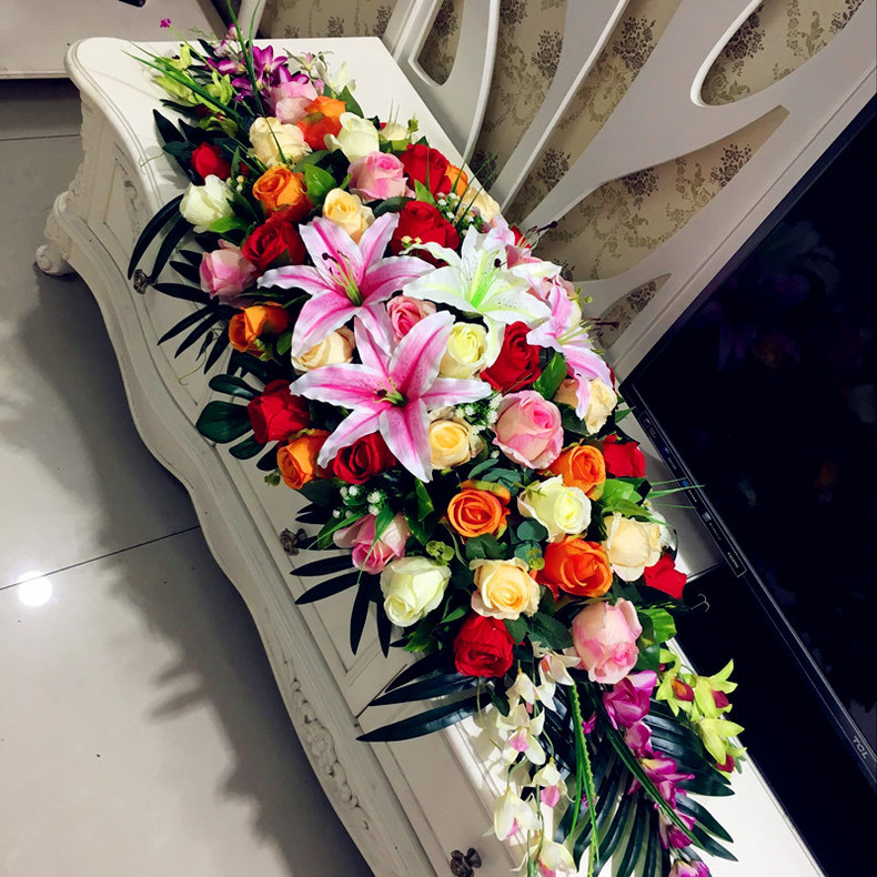仿真花会议桌花餐桌摆花演讲台花接待台装饰花玫瑰百合花客厅假花 150