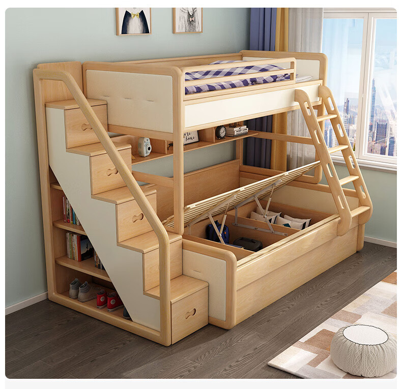 优漫居 实木上下床安全弧儿童床多功能高低床白蜡木水性漆双层床 上下