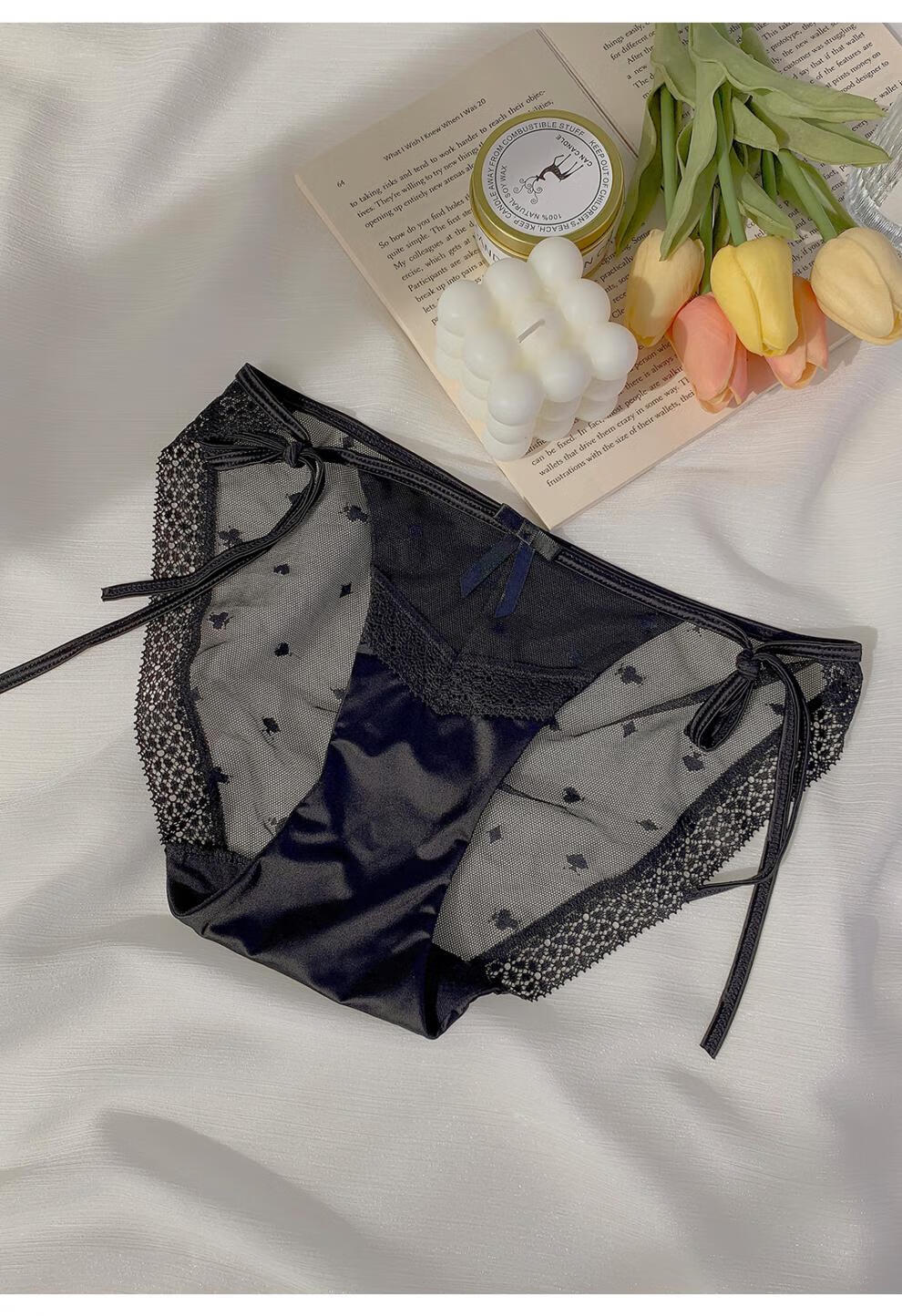 系带内裤女法式刺绣系带内裤女两侧可解蕾丝性感三角裤 7008黑色 m