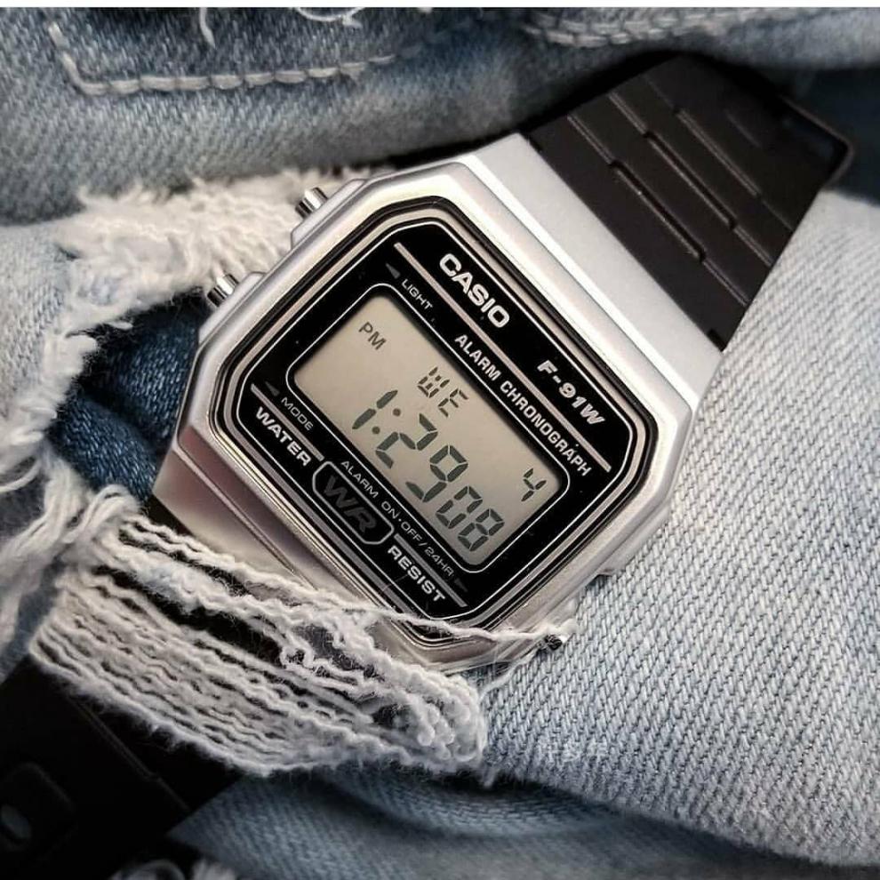casio卡西欧 海外代购【甜茶同款】日本手表男 复古小方块电子表f-91w