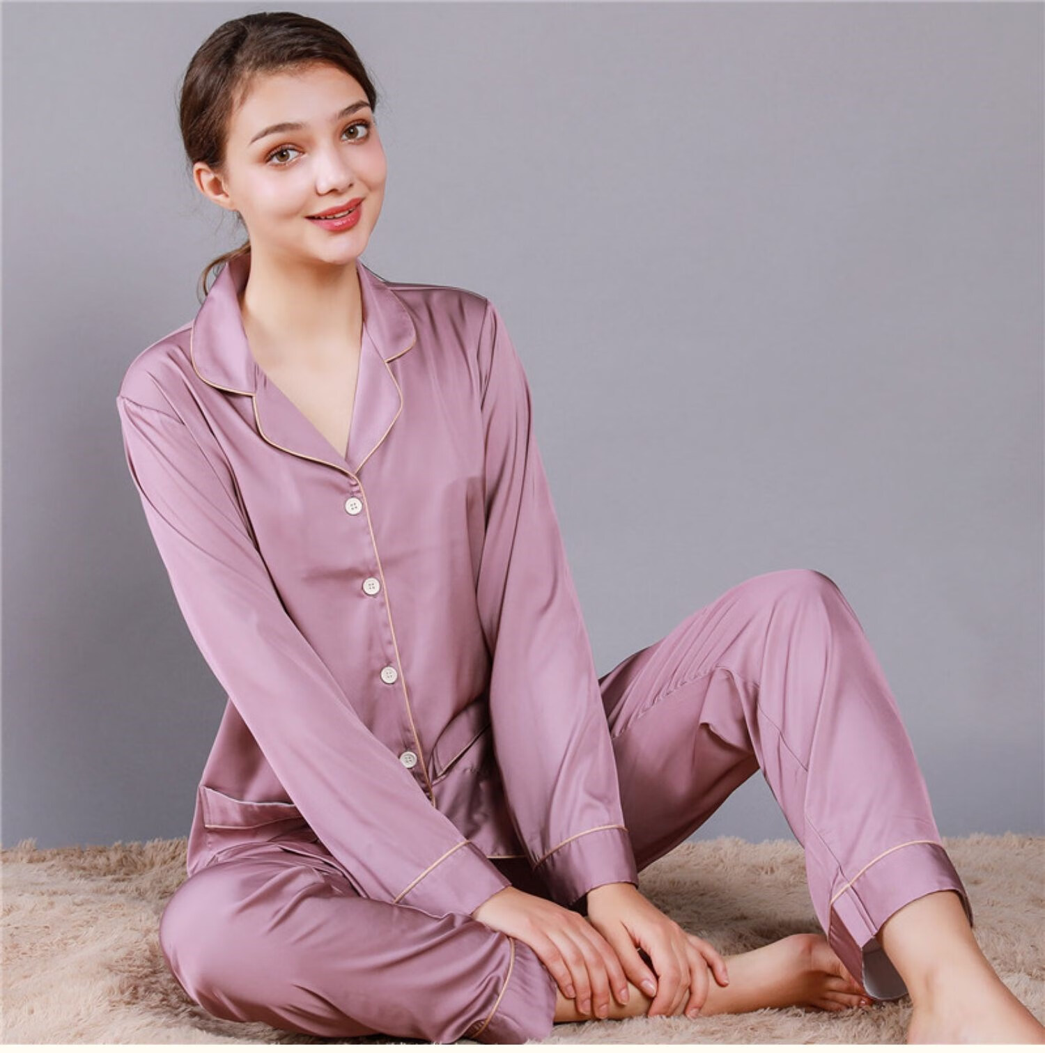 浪莎高档品牌轻奢100%桑蚕丝睡衣女长袖长裤春秋季真丝妈妈家居服丝绸